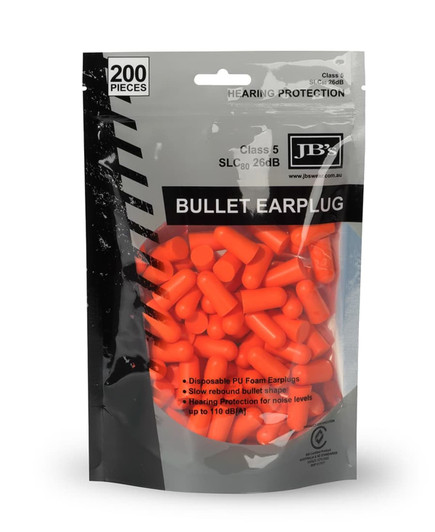 A pack of orange bullet-shaped earplugs, containing 200 disposable PU foam earplugs for hearing protection.