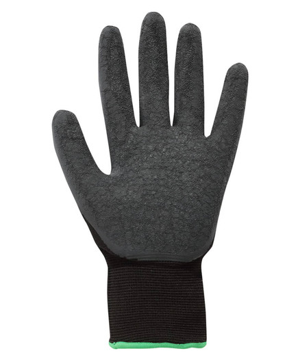 A black latex glove with a textured surface and a black wrist cuff featuring a green accent.