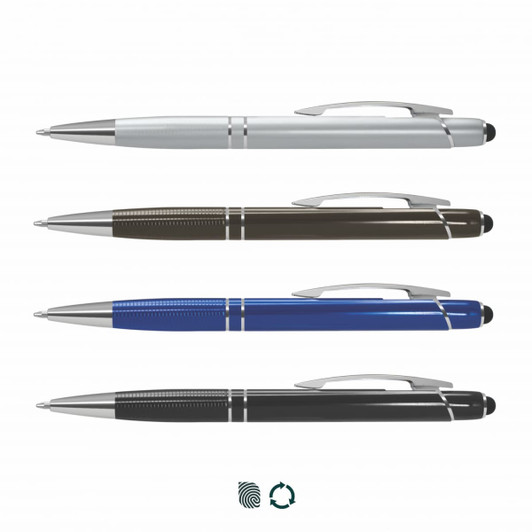 A collection of four stylus pens in silver, brown, blue, and black, featuring a logo on each.
