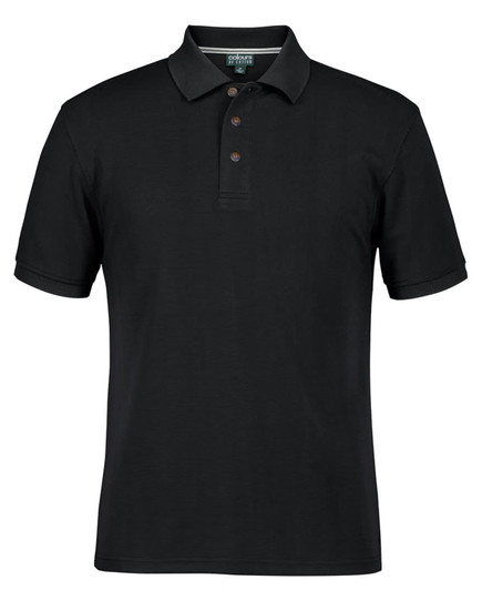 A black polo shirt with short sleeves and a three-button placket. It features a collar and has a logo.
