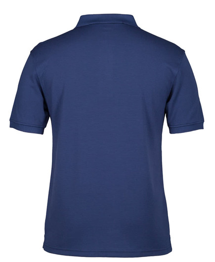 A navy polo shirt with a classic collar and short sleeves, featuring a logo on the back.