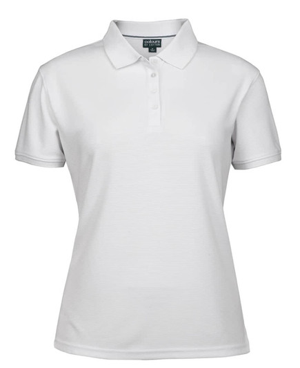 A white ladies' polo shirt with a collar, featuring short sleeves and a subtle texture. It has a logo on the chest.