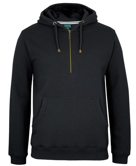 A black 1/2 zip hoodie featuring a front pocket and drawstring hood, with a logo on the label.