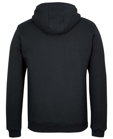 A black 1/2 zip hoodie featuring a hood and a plain back design. It includes a branding logo.