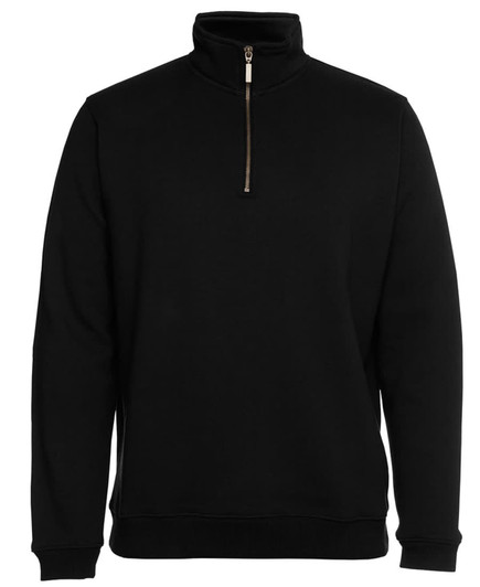 A black 1/2 zip sweatshirt with a high collar and subtle zipper detail. Features branding on the garment.
