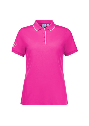 A women's short sleeve polo shirt in vibrant pink featuring a subtle logo on the sleeve.