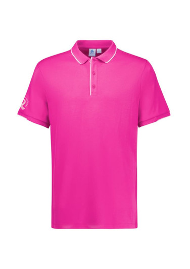 A pink short sleeve polo shirt with a collar and a logo on one sleeve.
