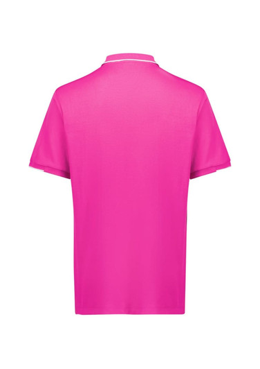 A pink short sleeve polo shirt with a plain back and a collar, featuring a small logo.