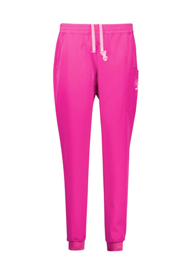 A pair of women's jogger scrub pants in vibrant pink, featuring a side pocket and a branded logo.