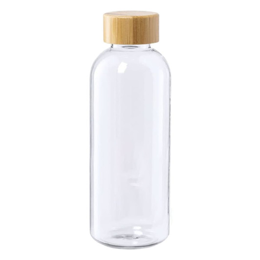 A drink bottle made of clear glass featuring a bamboo lid. It has a sleek, minimalist design.
