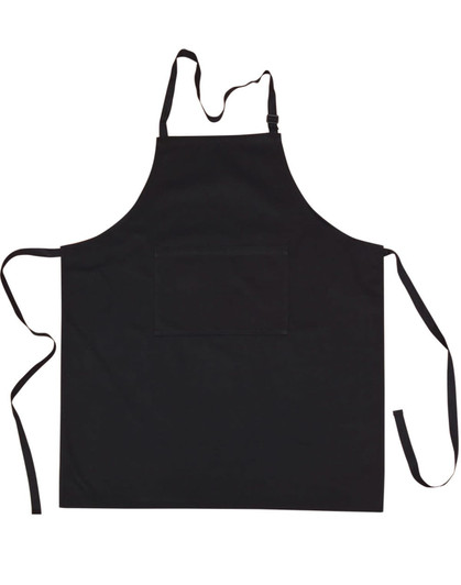 A black bib apron with a front pocket and adjustable neck straps, featuring long waist ties.