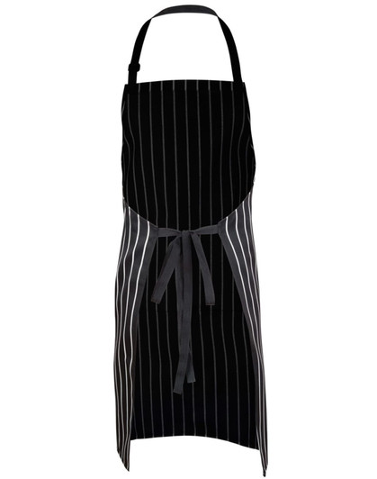 A black and white striped butcher's apron with a tie at the waist and a logo. Suitable for workwear.