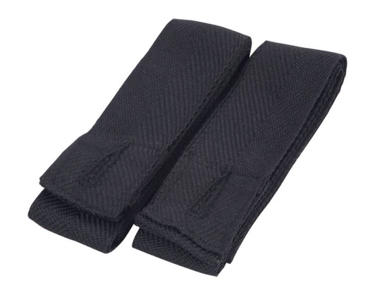 Black changeable apron straps with a textured finish, designed for workwear use. The image includes a branding logo.