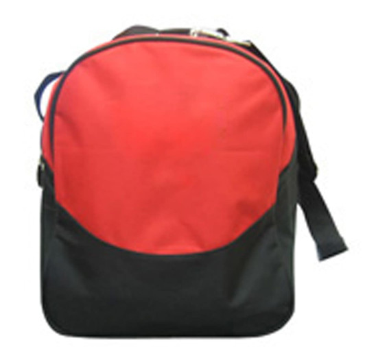A red and black duffle bag with a zipper and adjustable strap, featuring a logo on the front.