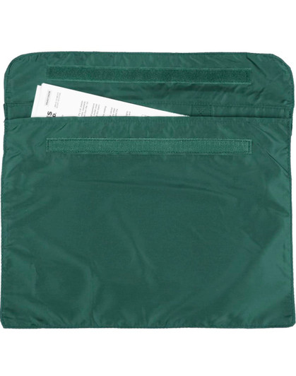 A green satchel with two pockets, featuring a velcro closure and documents inside. It has a simple, minimalist design.
