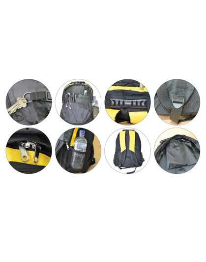 A black and yellow Climber Backpack featuring multiple pockets, straps, a drink bottle, and a logo.