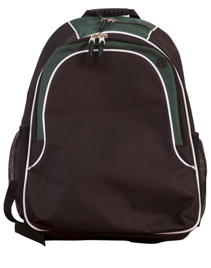A black and green backpack with white accents and a zipper, featuring side mesh pockets and a logo.