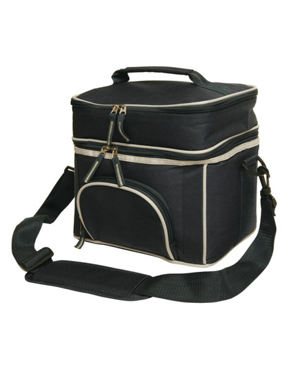 A black travel cooler bag with a double zip closure and an adjustable shoulder strap. It features a front pocket and a carry handle.