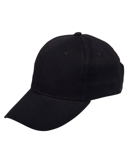 A black heavy brushed cotton cap featuring a curved brim and a fitted design, with a logo on the front.