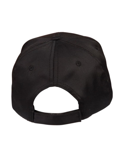 A black polycotton twill cap featuring a rear opening and an adjustable strap. Includes a logo on the back.