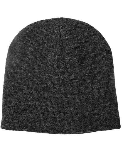 Acrylic knitted marl beanie in a dark grey colour, featuring a minimalist design and a branded logo.