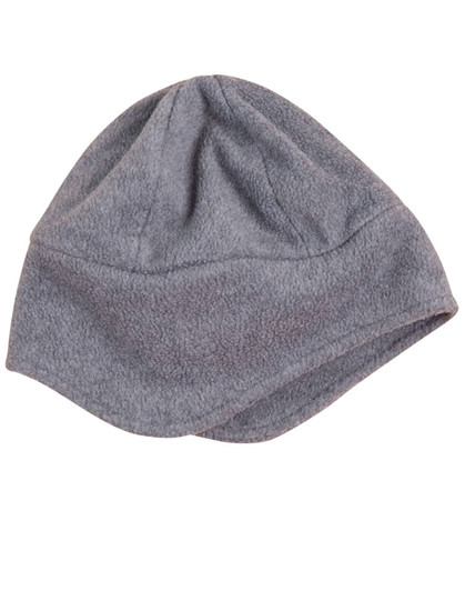 A grey polar fleece beanie with ear cover design, featuring a simple, unadorned style and no visible branding.