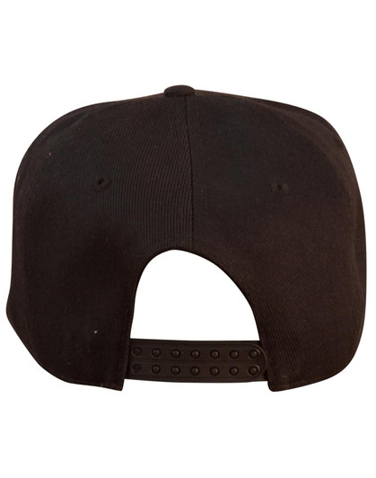 A black snapback cap featuring a textured fabric and an adjustable strap at the back.