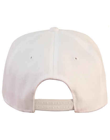 A white snapback cap with a textured back and adjustable strap. It features two holes for ventilation.