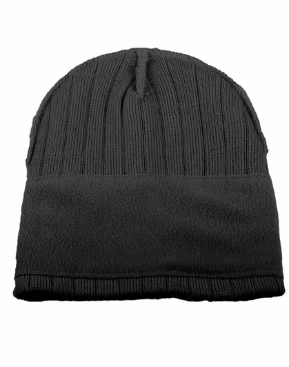 A cream cable knit beanie featuring a fleece headband, with a textured design and a logo.
