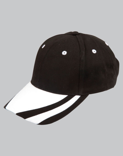A black and white structured cap with a contrasting peak and white stripes, featuring a logo.