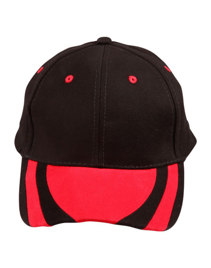 A black cap with a red peak and red accents, featuring a logo.