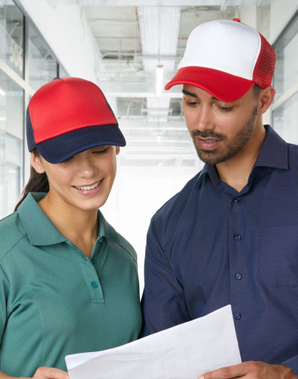 A red and white Contrast Trucker Cap is worn by two people, one in a green shirt and the other in a blue shirt.
