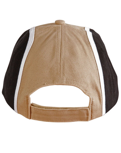 A tri-colour baseball cap featuring black, tan, and white panels with an adjustable strap at the back.