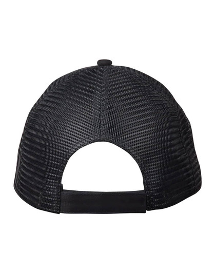 A black Premium Cotton Twill Trucker Cap featuring a mesh back and an adjustable strap.
