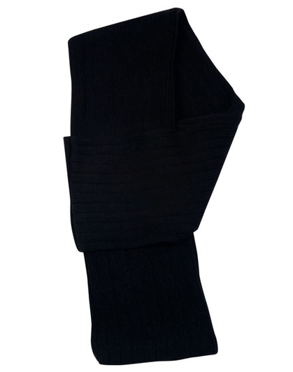 A black cable knit scarf with a textured design, made from acrylic material. It features a cable row detail.