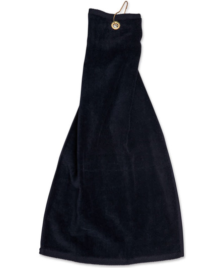 A black golf towel with an eyelet hook, measuring 38 x 65 cm, featuring a loop for easy attachment.