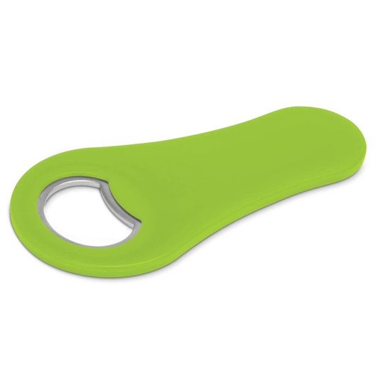 A drink bottle opener in bright green with a round, metal opening and a smooth handle. It features a logo.