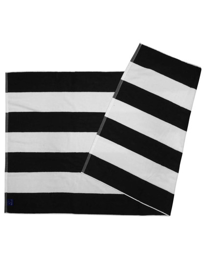 A striped beach towel in black and white with a logo, featuring alternating bold stripes.