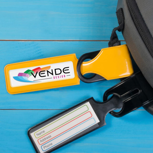 A yellow and black luggage tag with a logo and space for details like name, address, and phone number on a blue background.
