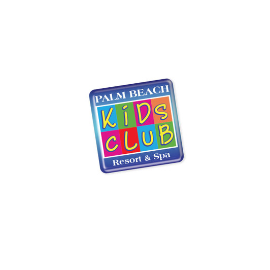 A square, resin-coated label featuring colorful blocks with the text "PALM BEACH KIDS CLUB Resort & Spa."