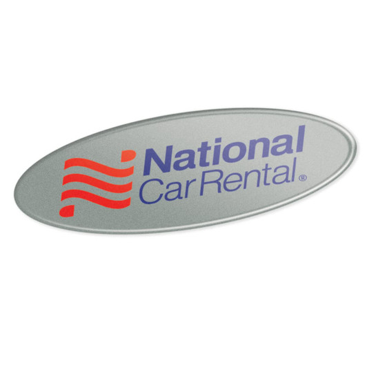 An oval label featuring the logo of National Car Rental, with blue text and a stylized red graphic.
