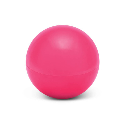 A bright pink lip balm ball, designed to look spherical and compact.