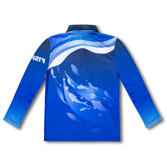 A blue fishing polo shirt featuring a graphic design with fish and waves, complete with a logo on the side.