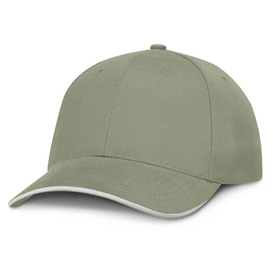 A cap in a muted green shade with a white trim and a curved brim. It features a branded logo.