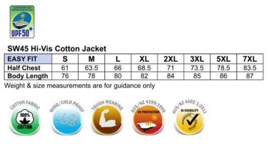 A Hi-Vis two-tone work jacket featuring reflectivity, available in various sizes with a cotton fabric construction.