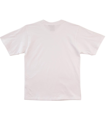 A white kids' t-shirt featuring short sleeves and a plain back. The shirt includes a logo on the label.