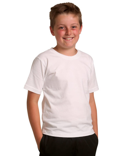 A white children's T-shirt displayed on a smiling boy, featuring short sleeves and a simple design.