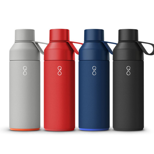 A drink bottle collection featuring grey, red, navy, and black vacuum bottles, each with a carrying handle and a logo.