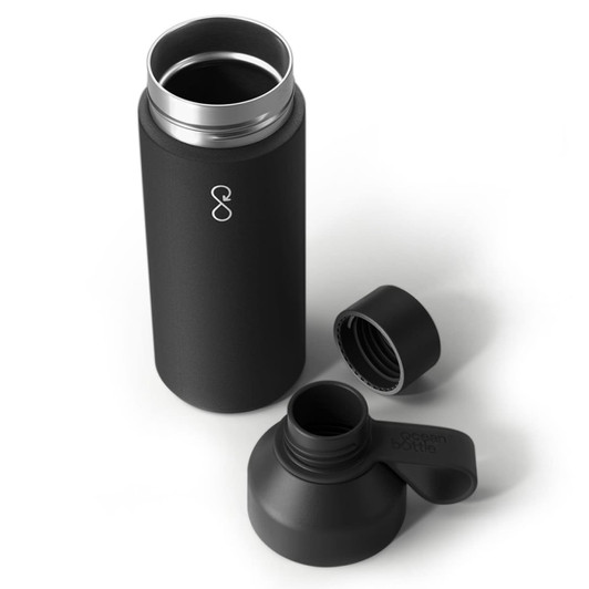 A drink bottle in matte black with a removable lid and spout, featuring a logo on the body.