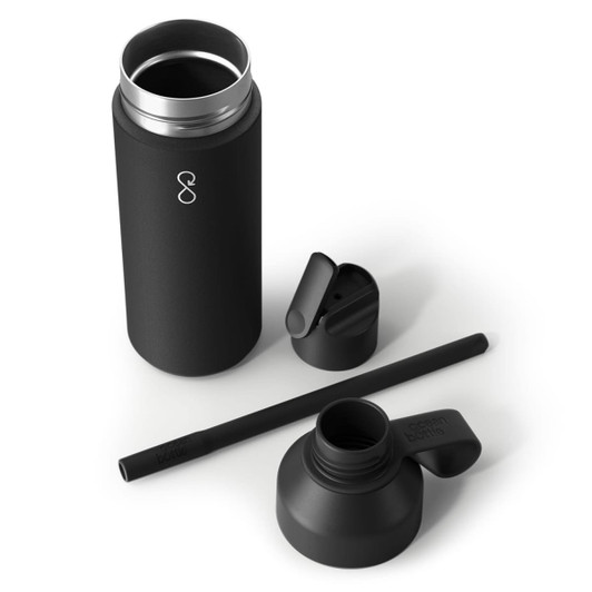 A drink bottle in matte black with a removable lid, straw, and attached cap, featuring a logo.
